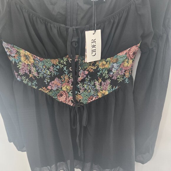 Cider Black Tapestry Lace Up Mini Lined Dress Size Small - Picture 6 of 13